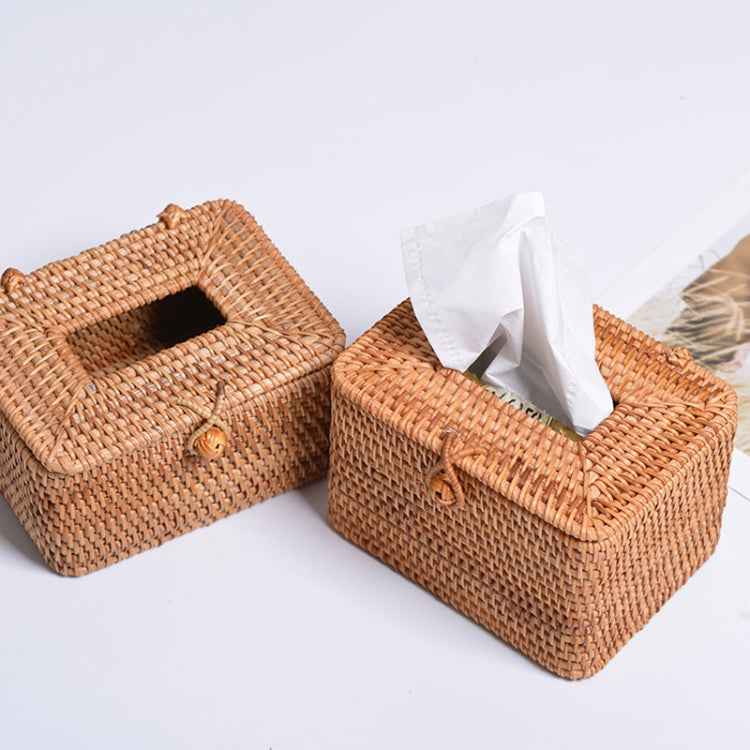 ZJH01 Square Shape Restaurant Desktop Rattan Braided Tissue Storage Box Case