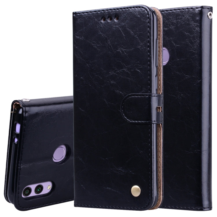 Étui à rabat horizontal en cuir texturé style business pour Huawei Honor 8C, avec support, emplacements pour cartes et portefeuille.