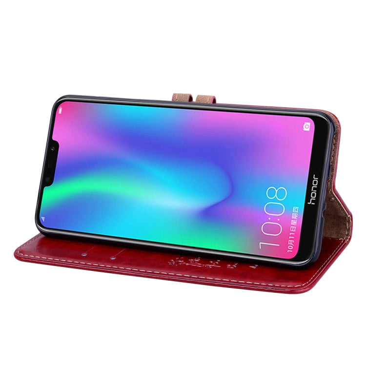 Étui à rabat horizontal en cuir texturé style business pour Huawei Honor 8C, avec support, emplacements pour cartes et portefeuille.