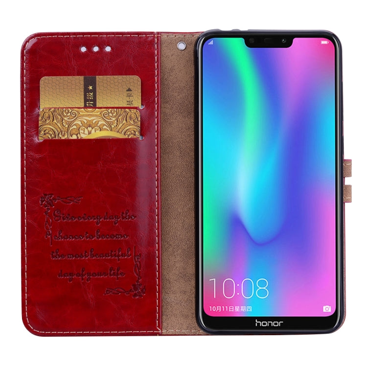 Étui à rabat horizontal en cuir texturé style business pour Huawei Honor 8C, avec support, emplacements pour cartes et portefeuille.