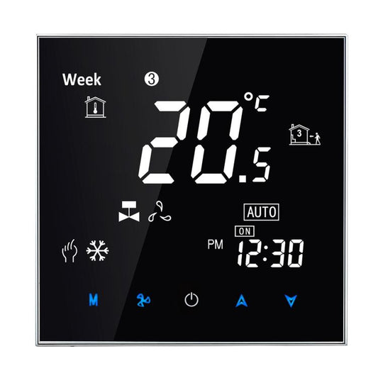 BAC-2000 Termostato de ambiente para unidad de aire acondicionado central, tipo LCD táctil digital, de 2 tubos con ventilador y bobina, que muestra la velocidad del ventilador, el reloj, la temperatura, la hora, la semana, la calefacción, etc.