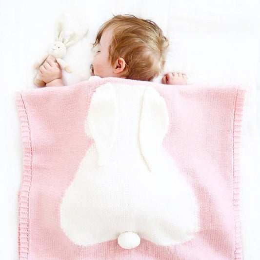 Manta de punto para bebé con orejas estereoscópicas y estampado de conejo