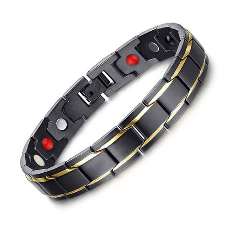 Europe and America Style Fashion Men Jewelry Stainless Steel + Gold-mounted Plating Magnetic Health Bracelet, Size: 12mm*22cm (Black+Gold)