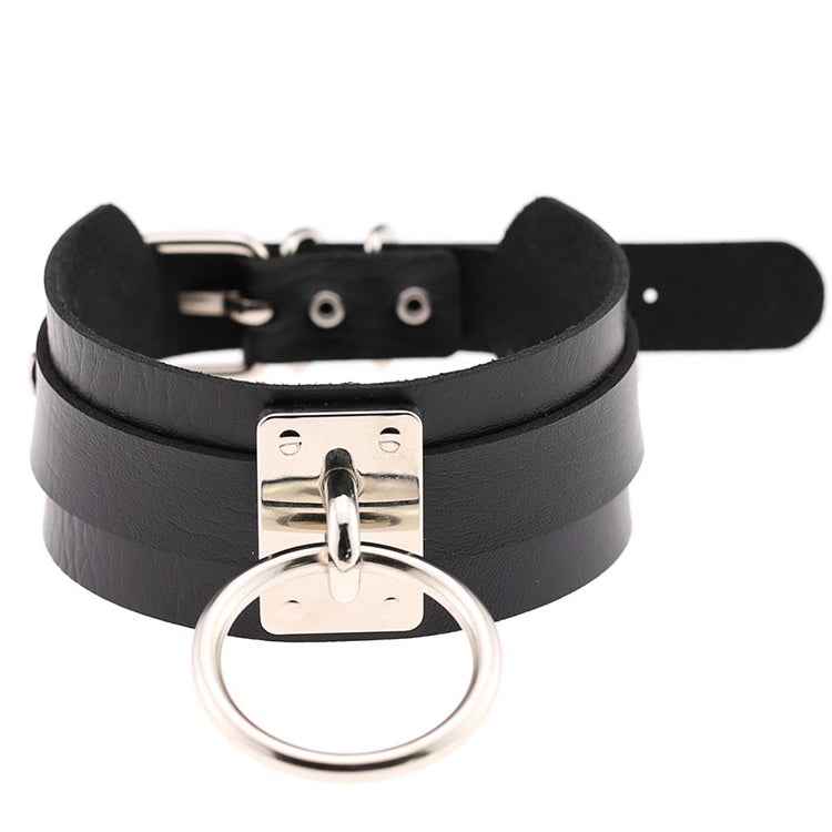 European and American Harajuku PU Leather Silver Single Ring Collar Wide Street-Snap Nightclub O-shaped Choker Necklace