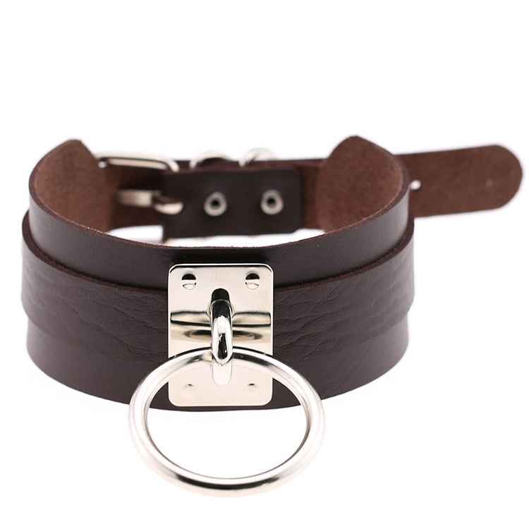 European and American Harajuku PU Leather Silver Single Ring Collar Wide Street-Snap Nightclub O-shaped Choker Necklace