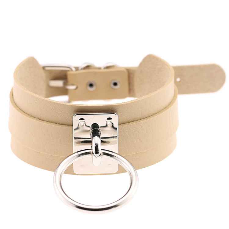 European and American Harajuku PU Leather Silver Single Ring Collar Wide Street-Snap Nightclub O-shaped Choker Necklace