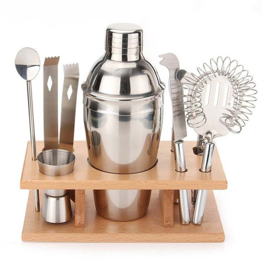 Juego de coctelera 9 en 1 de acero inoxidable con soporte de madera, capacidad: 550 ml