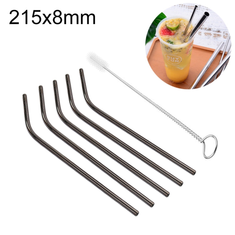 5pcs Reusable Stainless Steel Bent Drinking Straw + Cleaner Brush Set Kit, 215*8mm