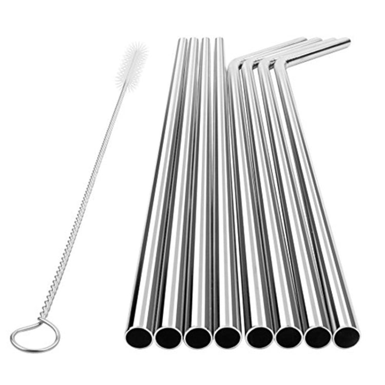 5pcs Reusable Stainless Steel Bent Drinking Straw + Cleaner Brush Set Kit, 215*8mm