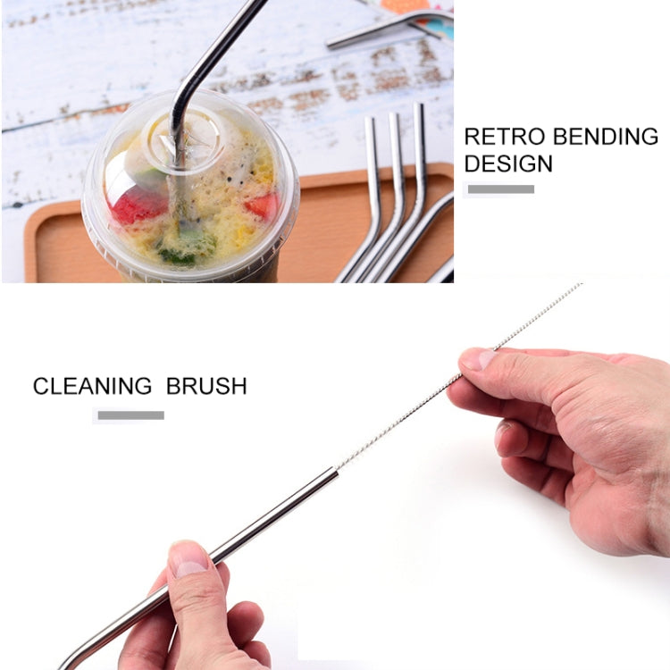 5pcs Reusable Stainless Steel Bent Drinking Straw + Cleaner Brush Set Kit, 215*8mm