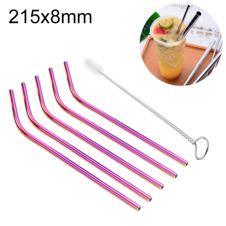 5pcs Reusable Stainless Steel Bent Drinking Straw + Cleaner Brush Set Kit, 215*8mm