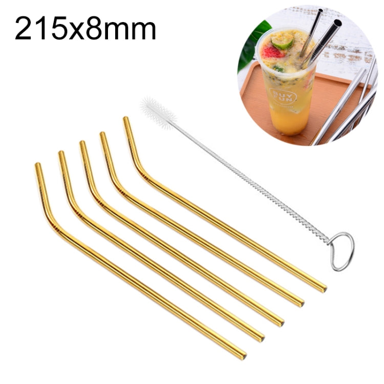5pcs Reusable Stainless Steel Bent Drinking Straw + Cleaner Brush Set Kit, 215*8mm