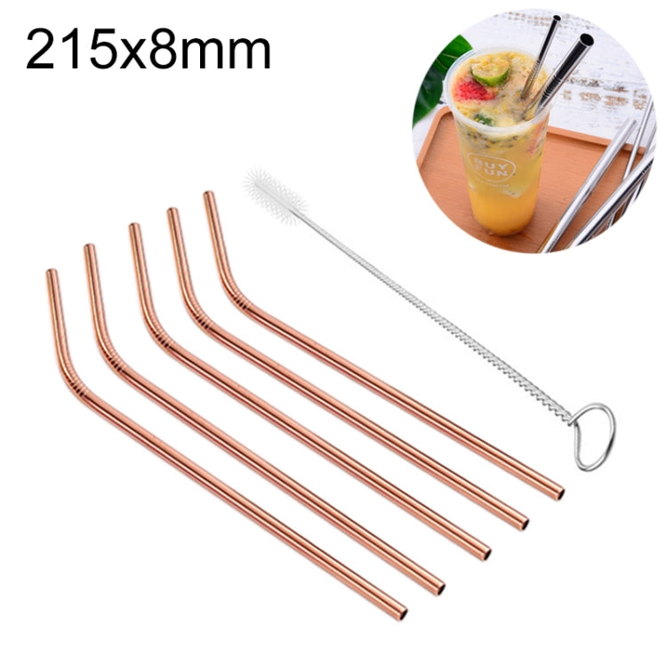 5pcs Reusable Stainless Steel Bent Drinking Straw + Cleaner Brush Set Kit, 215*8mm