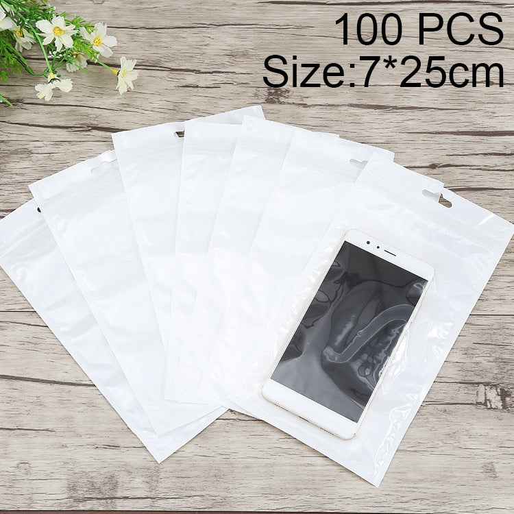100 PCS 7cm x 25cm Hang Hole Clear Front White Pearl Jewelry Zip Lock Packaging Bag, Custom Printing and Size are welcome, 7*25cm