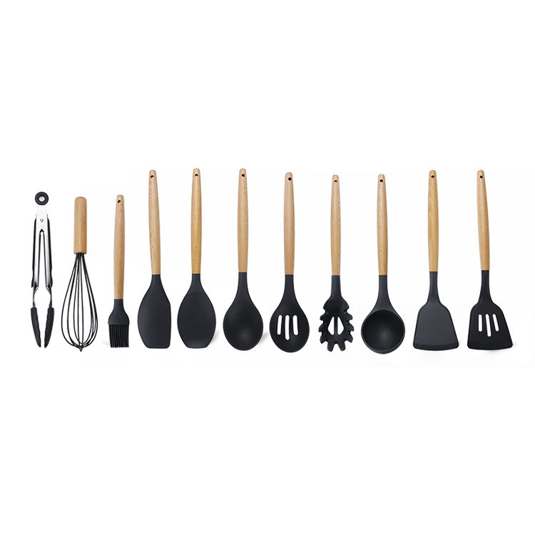 kn020 11 in 1 Wooden Handle Silicone Non-stick Spatula Spoon Kitchen Tool Set, 11 in 1