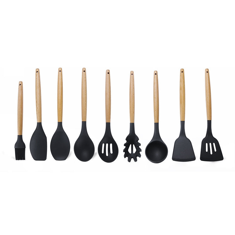 kn020 9 in 1 A Version Wooden Handle Silicone Non-stick Spatula Spoon Kitchen Tool Set, A Version