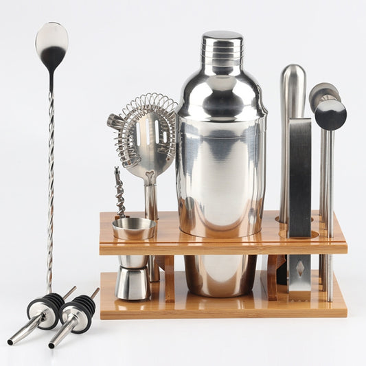 Juego de coctelera de acero inoxidable 14 en 1 con soporte de bambú, capacidad: 750 ml, 750 ml, bambú