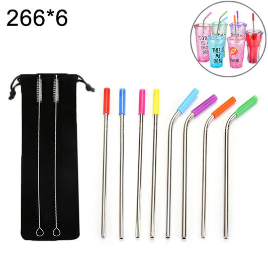 Kit de 8 pailles réutilisables en acier inoxydable avec embouts en silicone et 2 brosses de nettoyage avec sac en cachemire, 266 x 6 mm