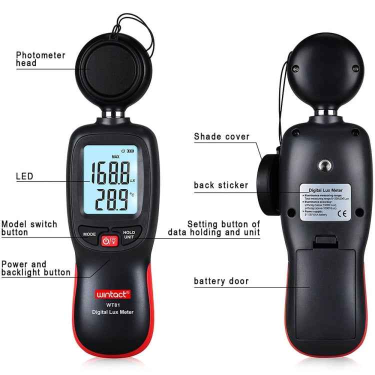 Wintact WT81 Digital Light Lux Meter for Factory / School / House Various Occasion, Range: 0-200,000 Lux