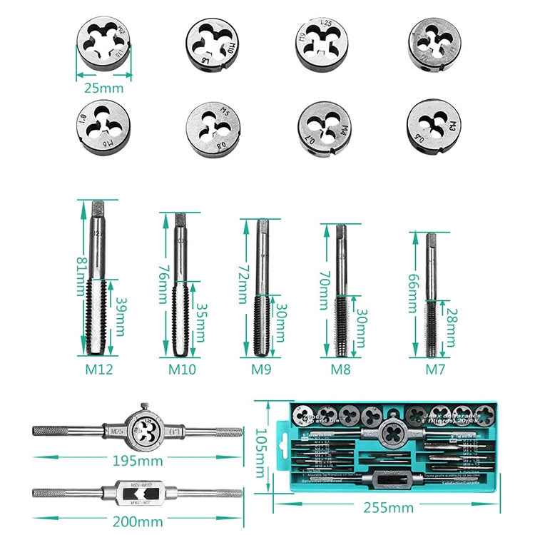 20 PCS Multi-specification Tap and Die Combination Set Hand Metric Wire Tapping Wrench Winch