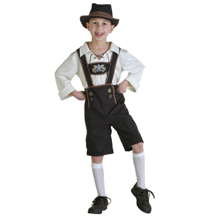 Costume d'Halloween pour enfants, costume de bière, costumes d'Oktoberfest, style anglais, cosplay, taille S, tour de taille : 68 cm, longueur de la robe : 53 cm, pantalon long : 40 cm, hauteur suggérée : 115-125 cm, taille S pour enfants