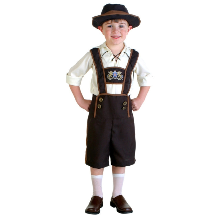 Costume d'Halloween pour enfants, costume de bière, costumes d'Oktoberfest, style anglais, cosplay, taille S, tour de taille : 68 cm, longueur de la robe : 53 cm, pantalon long : 40 cm, hauteur suggérée : 115-125 cm, taille S pour enfants