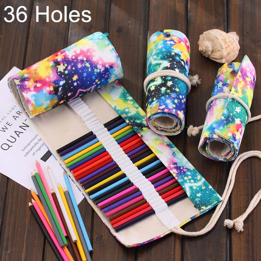 Estuche para lápices enrollable de lona con 36 ranuras y estampado de cielo estrellado, estuche para lápices con cortina, estuche de papelería, 36 ranuras