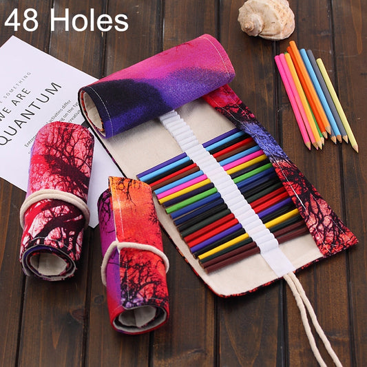 Estuche para lápices enrollable de lona con 48 ranuras y estampado de árboles al atardecer, estuche para lápices con cortina, estuche de papelería, 48 ranuras