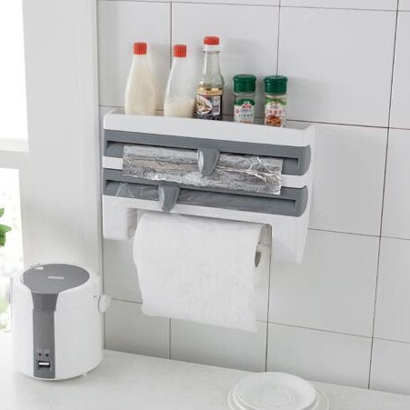 Kitchen Wall Mounted Cling Film Holder Wrap Storage Rack Hanger Rack Cutting Device, Size: 39 x 10 x 24cm, Grey