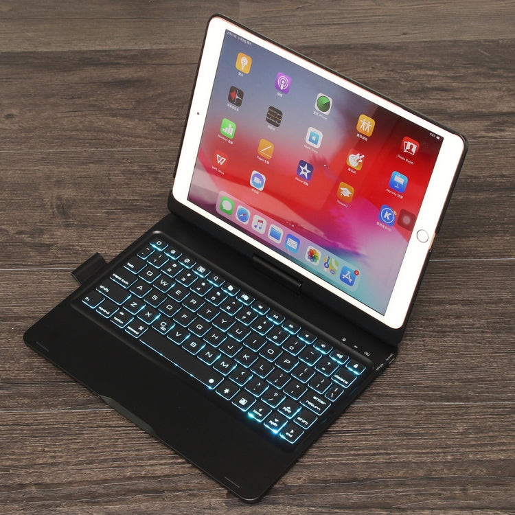 F102AS For iPad 10.2 inch Colorful Backlit Rotatable Bluetooth Keyboard Leather Tablet Case with Pen Slot Function