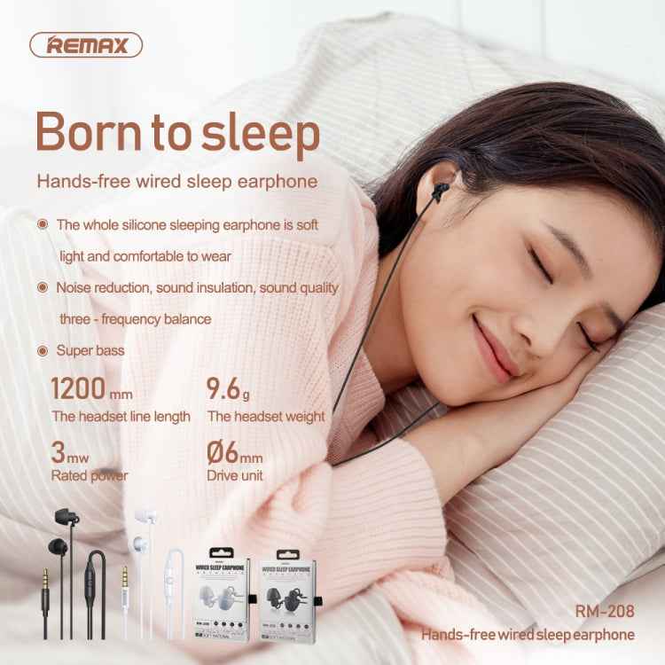 REMAX RM-208 In-Ear Stereo Sleep Earphone with Wire Control + MIC, Support Hands-free