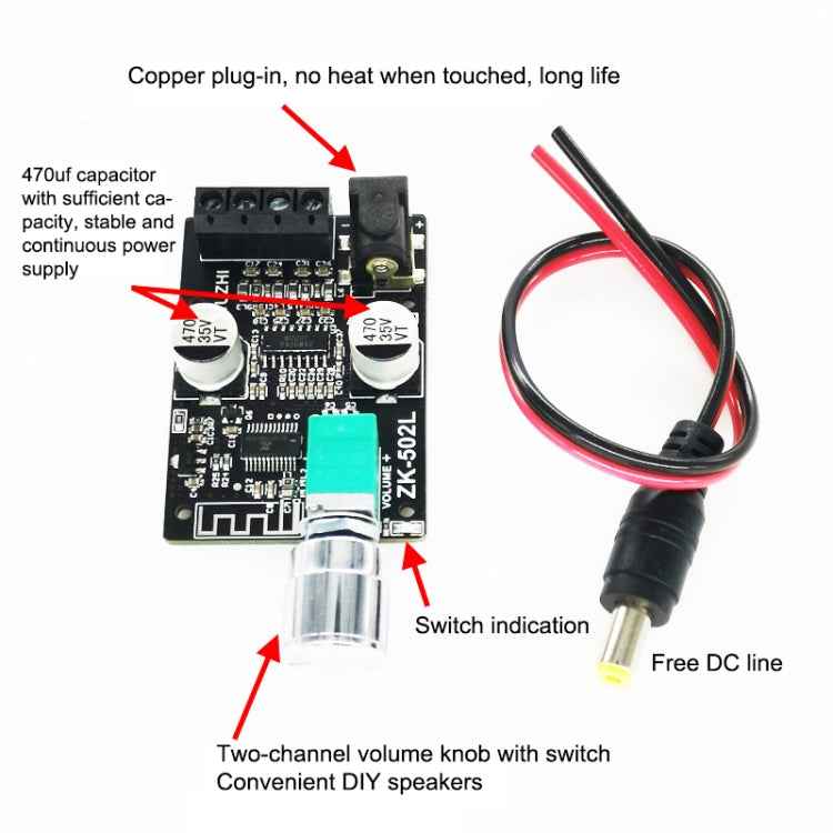 ZK-502L Bluetooth 5.0 12/24V Wireless Stereo Audio Digital Power Amplifier Board 50Wx2 Bluetooth Amp Amplificador, with Shell