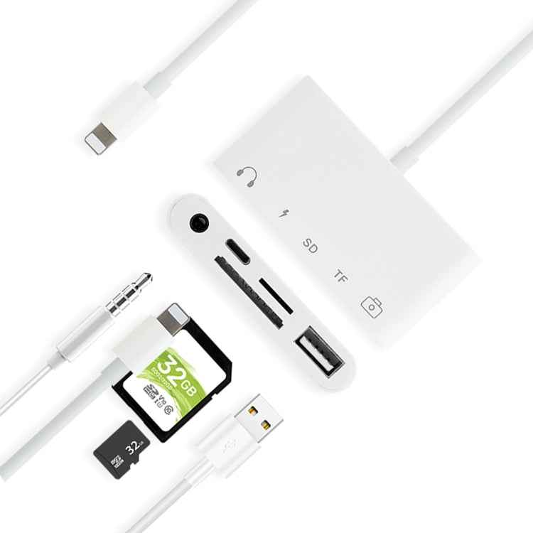 5 in 1 8 Pin to USB HUB And USB-C / Type-C And 3.5mm Earphone And SD And TF Card Reader