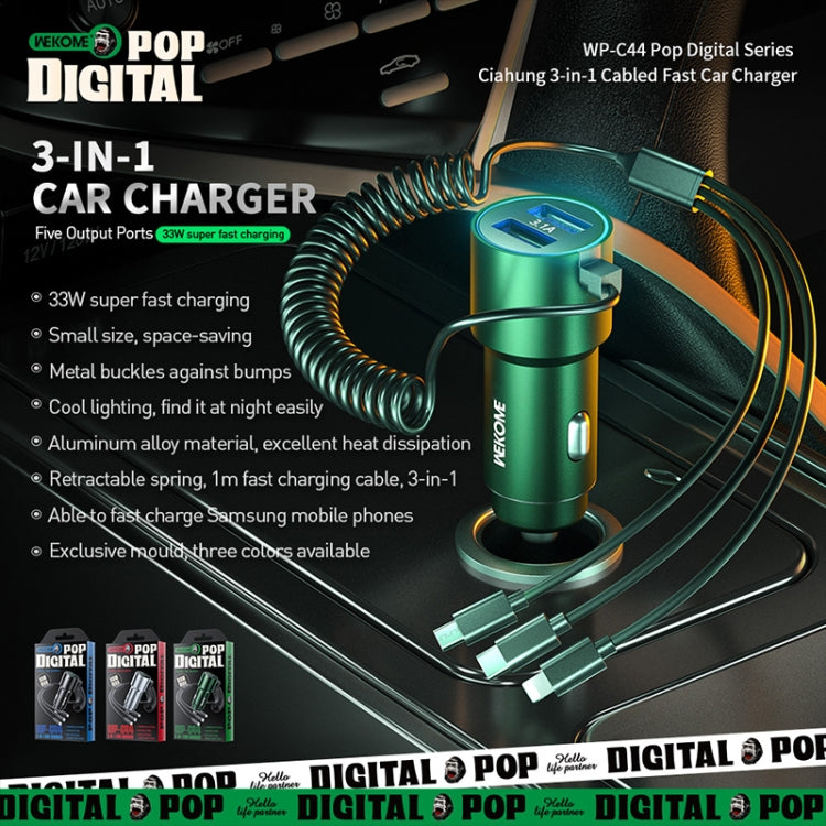 WK WP-C44 Pop Digital Series Ciahung 3-in-1 Cabled 33W Dual-USB Fast Car Charger, WP-C44 (Black), WP-C44 (Silver)