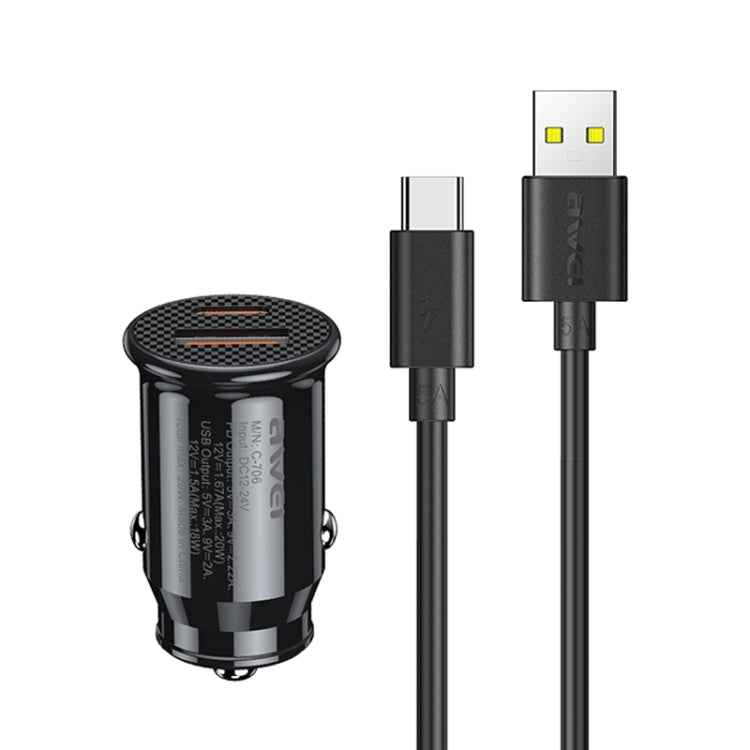 awei C-706 20W PD Type-C + QC 3.0 Type-A Car Charger with CL-110T Data Cable