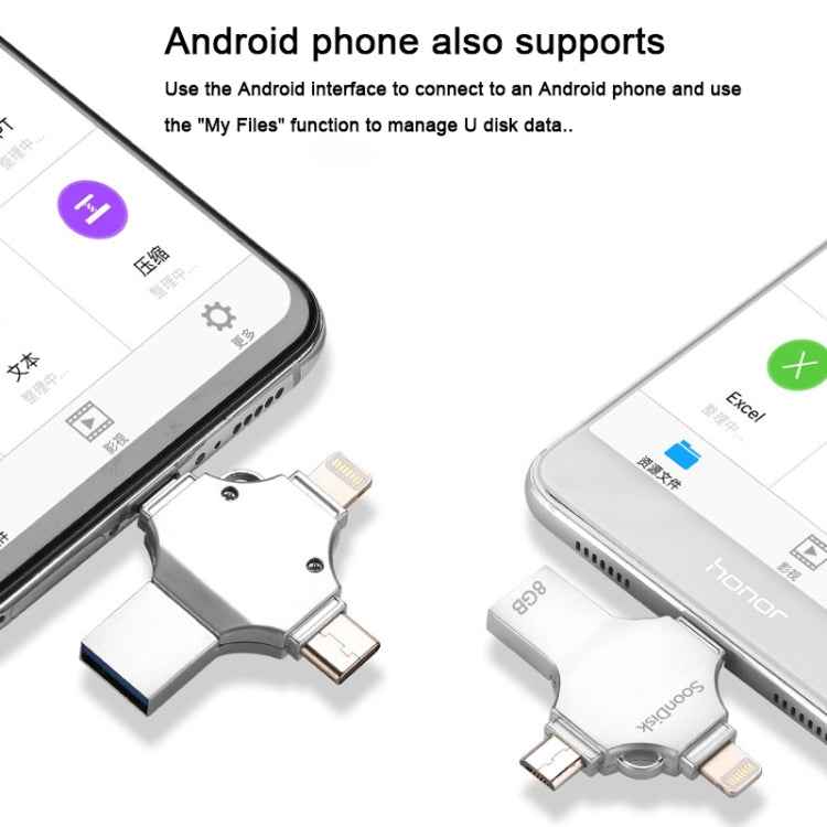 4 in 1 8GB USB 3.0 + 8 Pin + Mirco USB + USB-C / Type-C Dual-use Flash Drive with OTG Function