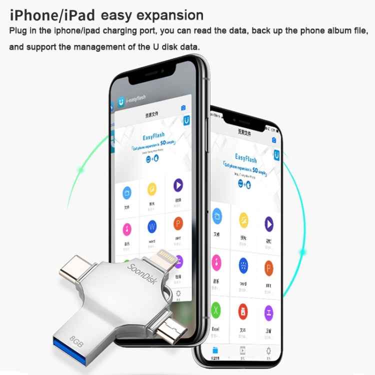 4 in 1 8GB USB 3.0 + 8 Pin + Mirco USB + USB-C / Type-C Dual-use Flash Drive with OTG Function