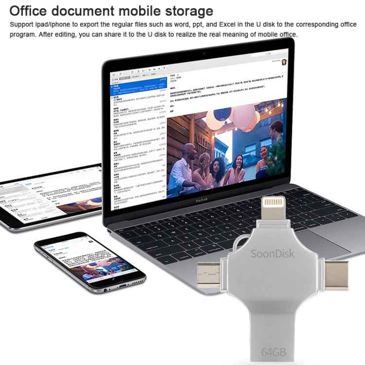 4 in 1 64GB USB 3.0 + 8 Pin + Mirco USB + USB-C / Type-C Dual-use Flash Drive with OTG Function