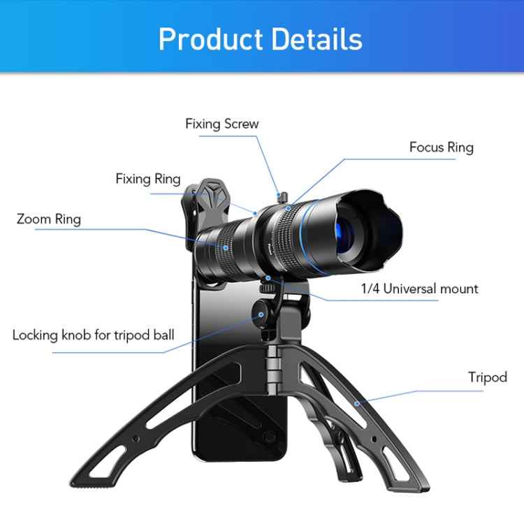 APEXEL APL-20-40XJJ04 20-40X HD External Dual-adjustment Zoom Telescope Universal Telephoto Phone Lens