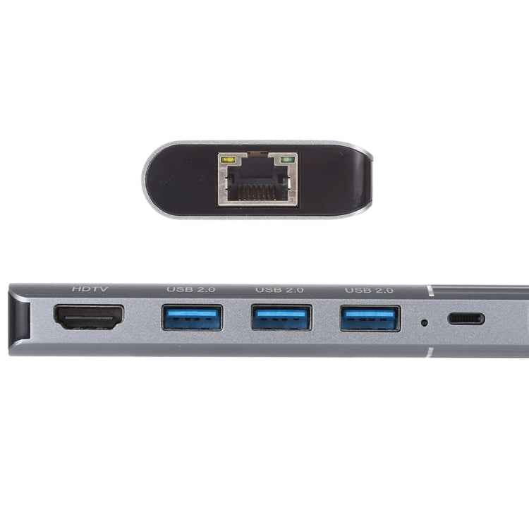 6 in 1 USB 2.0 x 3 + HDMI + RJ45 + 8 Pin Female Charging Port to 8 Pin Male Multi-function Dock Station Adapter