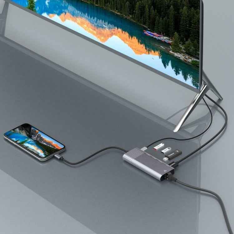 6 in 1 USB 2.0 x 3 + HDMI + RJ45 + 8 Pin Female Charging Port to 8 Pin Male Multi-function Dock Station Adapter