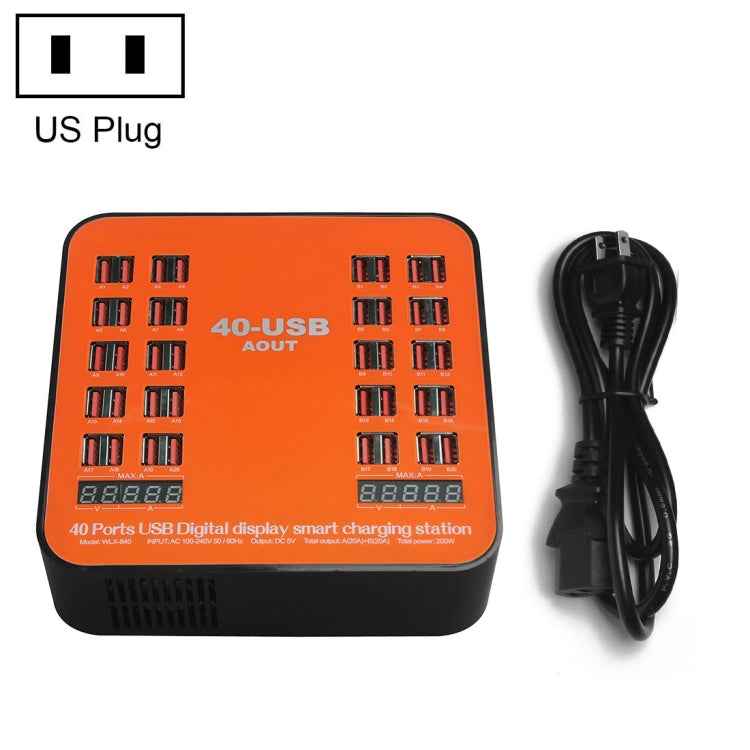 WLX-840 200W 40 Ports USB Digital Display Smart Charging Station AC100-240V, US Plug (Black+Orange)