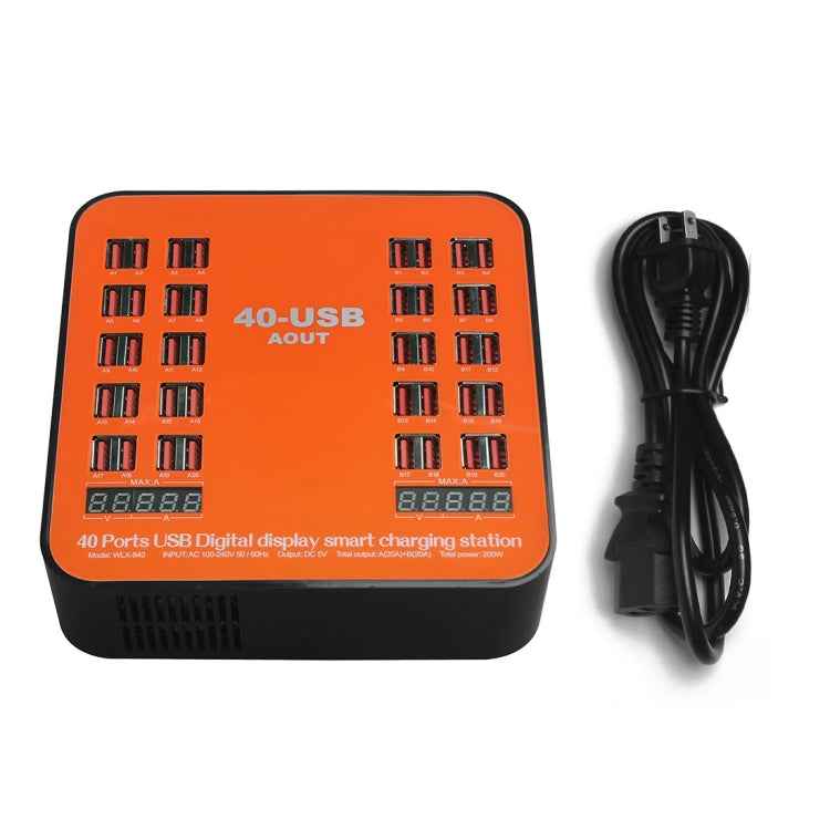 WLX-840 200W 40 Ports USB Digital Display Smart Charging Station AC100-240V, US Plug (Black+Orange)