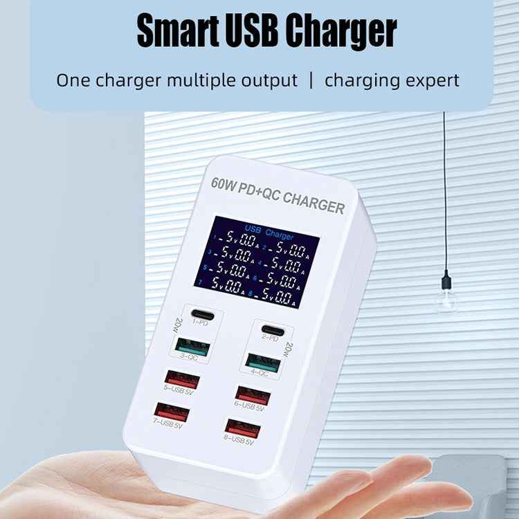 A8T 60W 8 Ports USB + QC3.0 + PD Type-C Smart Charging Station with Digital Display AC100-240V, UK Plug
