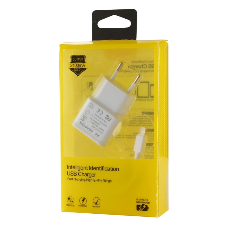 For iPhone 5V 2.1A Intellgent Identification USB Charger with 1m USB to 8 Pin Charging Cable, EU Plug