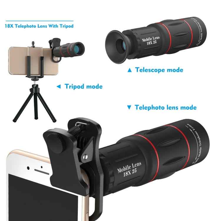 3 in 1 Universal 18X Telephoto Lens + Tripod Mount + Mobile Phone Clip