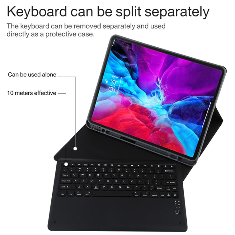 T129 Detachable Bluetooth Black Keyboard Microfiber Leather Tablet Case for iPad Pro 12.9 inch (2020), with Holder, Black Keyboard
