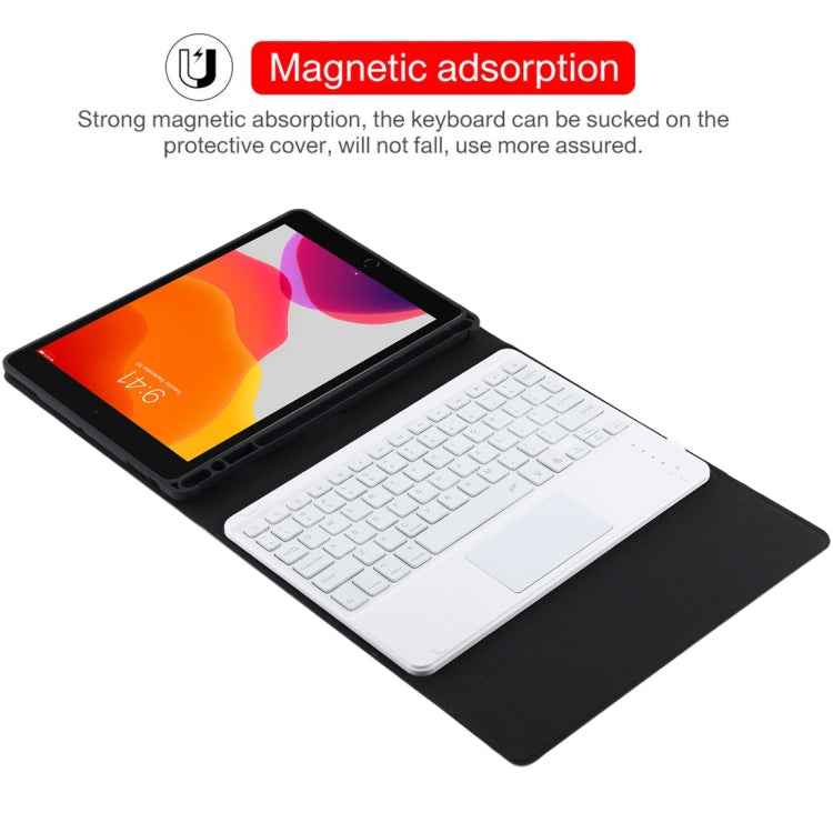 TG-102BCS Detachable Bluetooth White Keyboard + Microfiber Leather Tablet Case for iPad 10.2 inch / iPad Air (2019), with Touch Pad & Backlight & Pen Slot & Holder