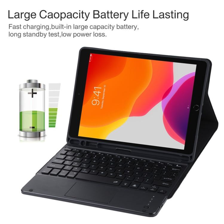 TG-102BCS Detachable Bluetooth Black Keyboard + Microfiber Leather Tablet Case for iPad 10.2 inch / iPad Air (2019), with Touch Pad & Backlight & Pen Slot & Holder, Black Keyboard