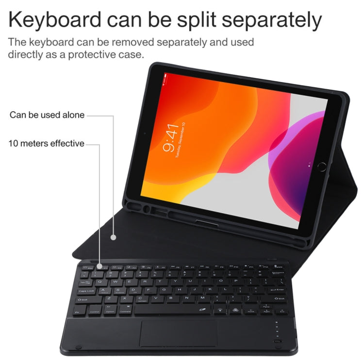 TG-102BCS Detachable Bluetooth Black Keyboard + Microfiber Leather Tablet Case for iPad 10.2 inch / iPad Air (2019), with Touch Pad & Backlight & Pen Slot & Holder, Black Keyboard